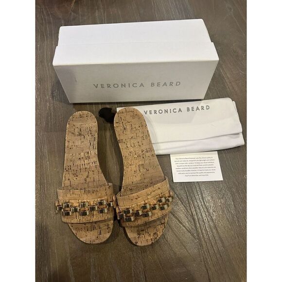 Veronica Beard Womens Sandals Eni Cork Gold Metal Chain Slide Shoe Sz 9 - Picture 1 of 7